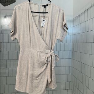 Linen-Blend Wrap Top Dress in Light Beige